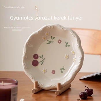 Underglaze kerámia étkészlet — virágmintás, INS stílus, kör alakú, mikrohullámú sütőben használható; tartalmaz tálakat, kanalakat, tányérokat, tészta- és ebédtálakat