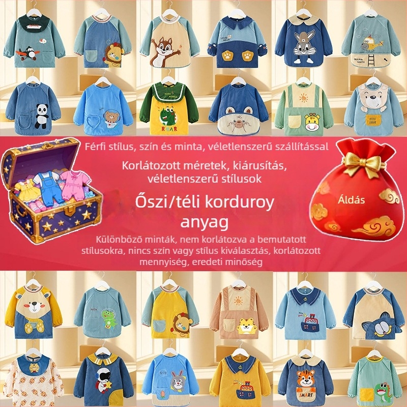 Gyerekeknek vízálló hosszú ujjú smock, cartoon mintával, Corduroy anyagból, 3–8 éveseknek