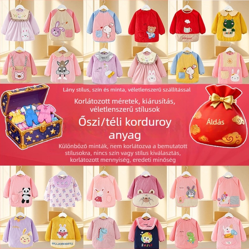 Gyerekeknek vízálló hosszú ujjú smock, cartoon mintával, Corduroy anyagból, 3–8 éveseknek