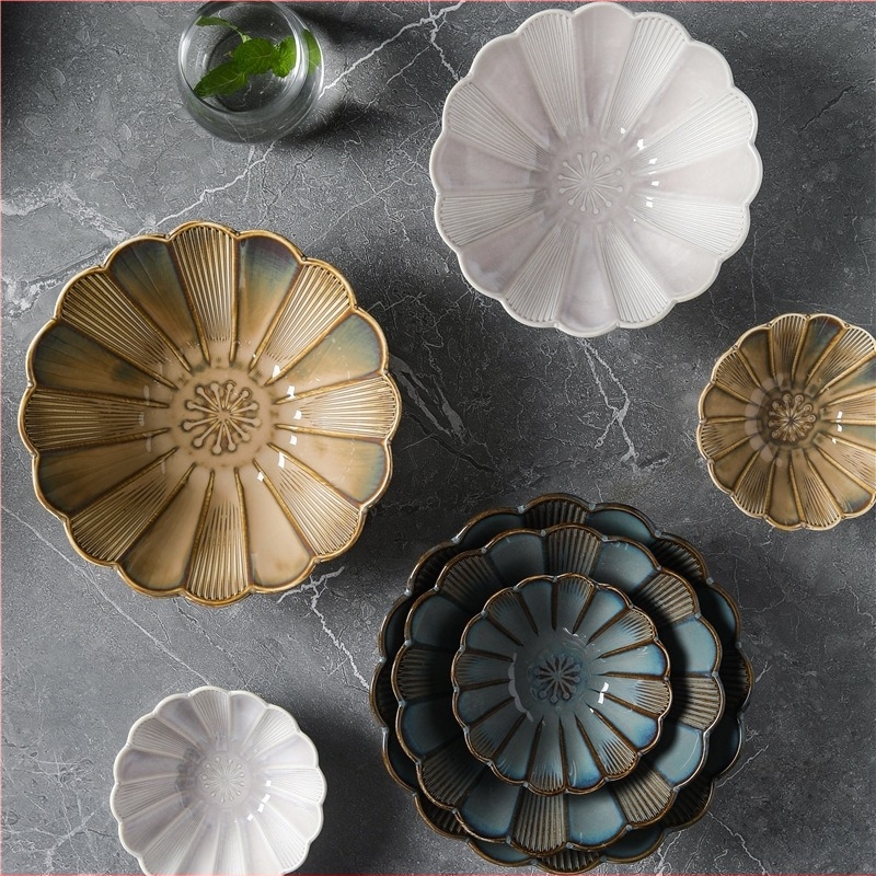 Porcelán kerek tál — Japán stílusú kemencés glazúra, ramen és leves tál, mikrohullámú sütőben használható, több mintázat, fényűző retro étkészlet