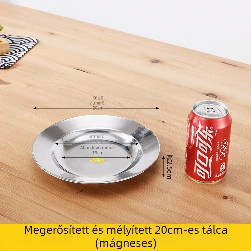 304 rozsdamentes acélból készült kör alakú lapos tál, polírozott felülettel, mikrohullámú sütőben használható