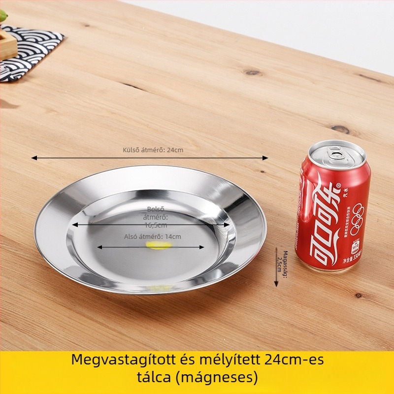 304 rozsdamentes acélból készült kör alakú lapos tál, polírozott felülettel, mikrohullámú sütőben használható