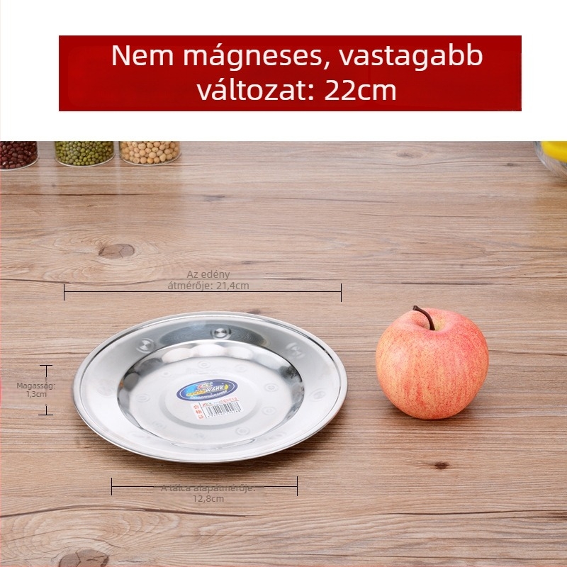 304 rozsdamentes acélból készült kör alakú lapos tál, polírozott felülettel, mikrohullámú sütőben használható