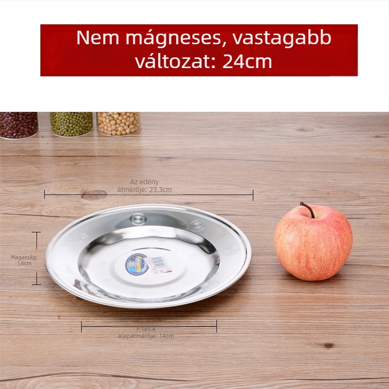 304 rozsdamentes acélból készült kör alakú lapos tál, polírozott felülettel, mikrohullámú sütőben használható