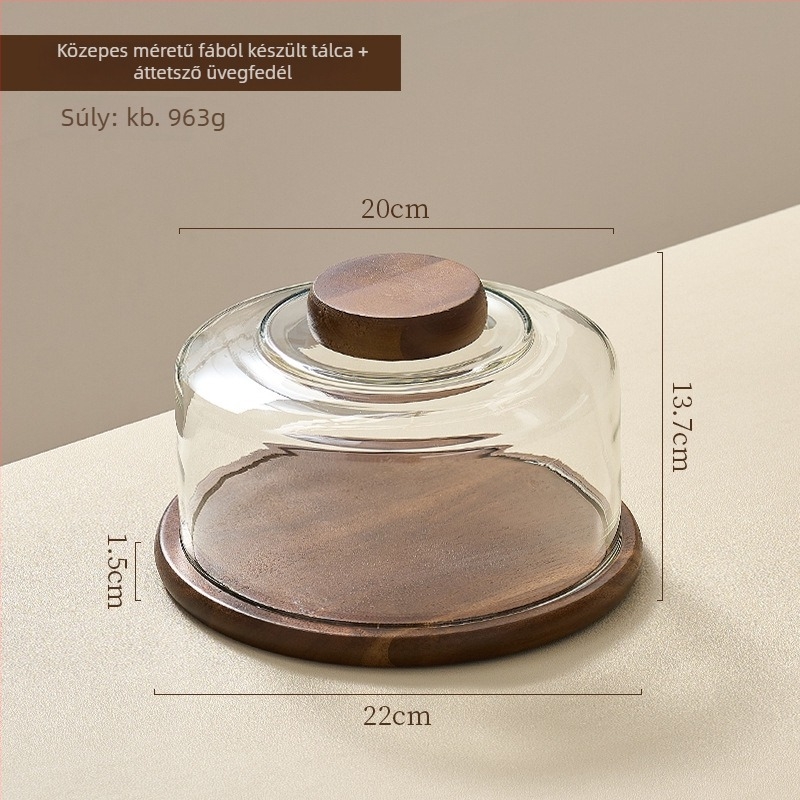 Fából készült desszerttál üvegfedéllel, tortákhoz és kenyérhez — modern minimalist dizájn