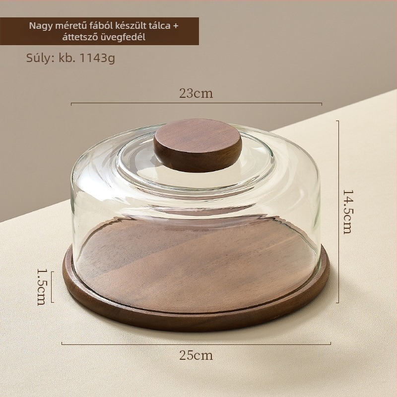Fából készült desszerttál üvegfedéllel, tortákhoz és kenyérhez — modern minimalist dizájn