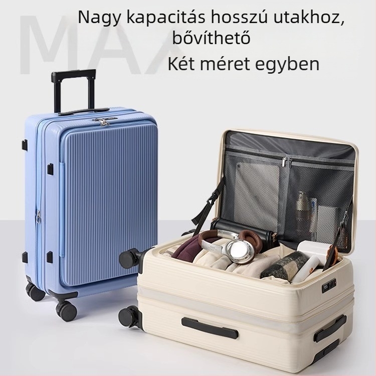 Oldalsó nyitású, bővíthető poggyász ABS+PC anyagból, vízálló, száraz–nedves elkülönítés, TSA kombinált zár