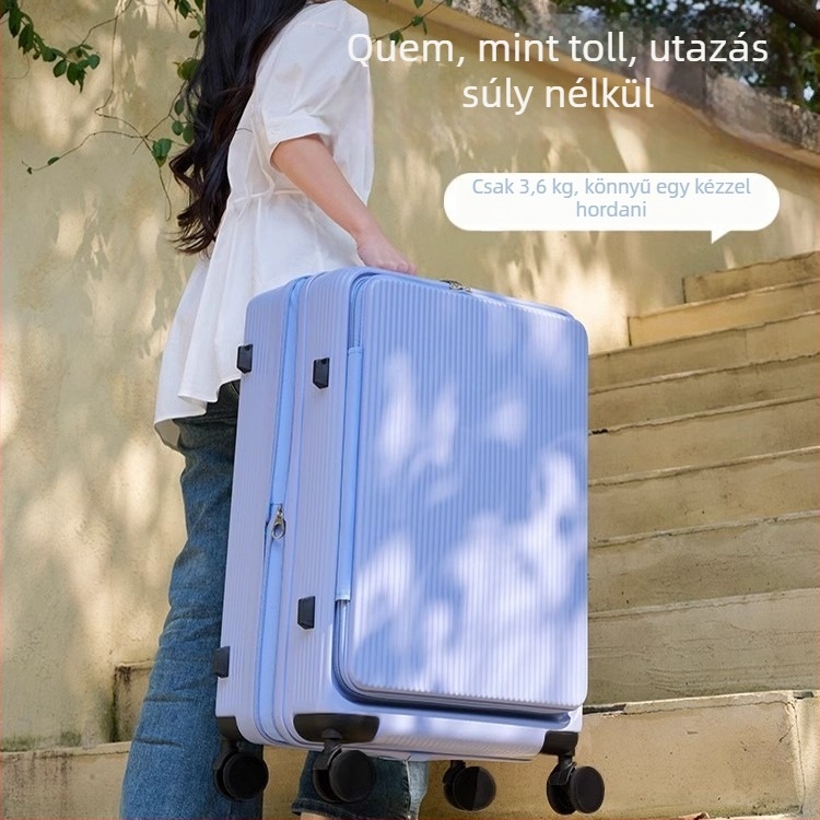 Oldalsó nyitású, bővíthető poggyász ABS+PC anyagból, vízálló, száraz–nedves elkülönítés, TSA kombinált zár