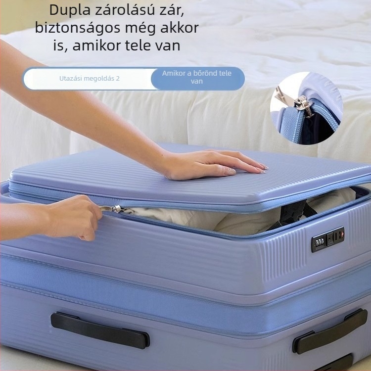Oldalsó nyitású, bővíthető poggyász ABS+PC anyagból, vízálló, száraz–nedves elkülönítés, TSA kombinált zár
