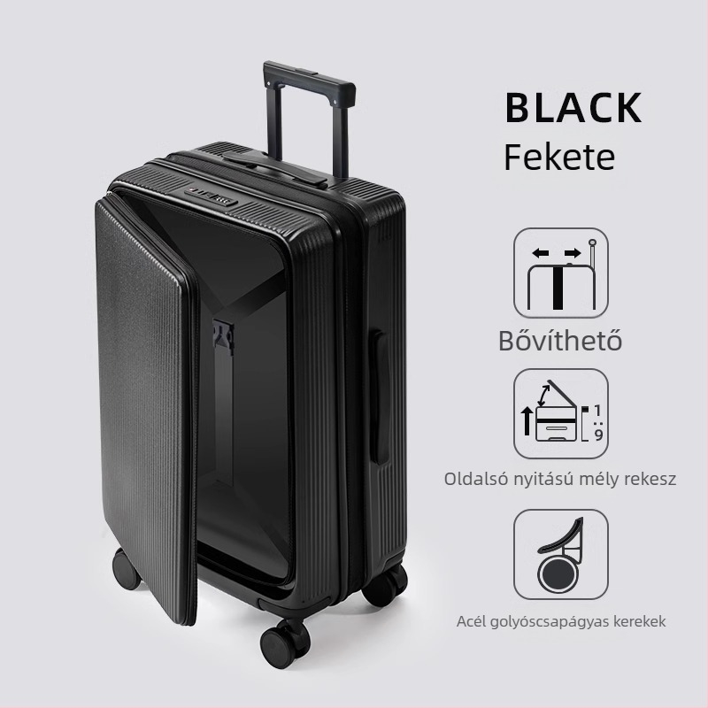 Oldalsó nyitású, bővíthető poggyász ABS+PC anyagból, vízálló, száraz–nedves elkülönítés, TSA kombinált zár