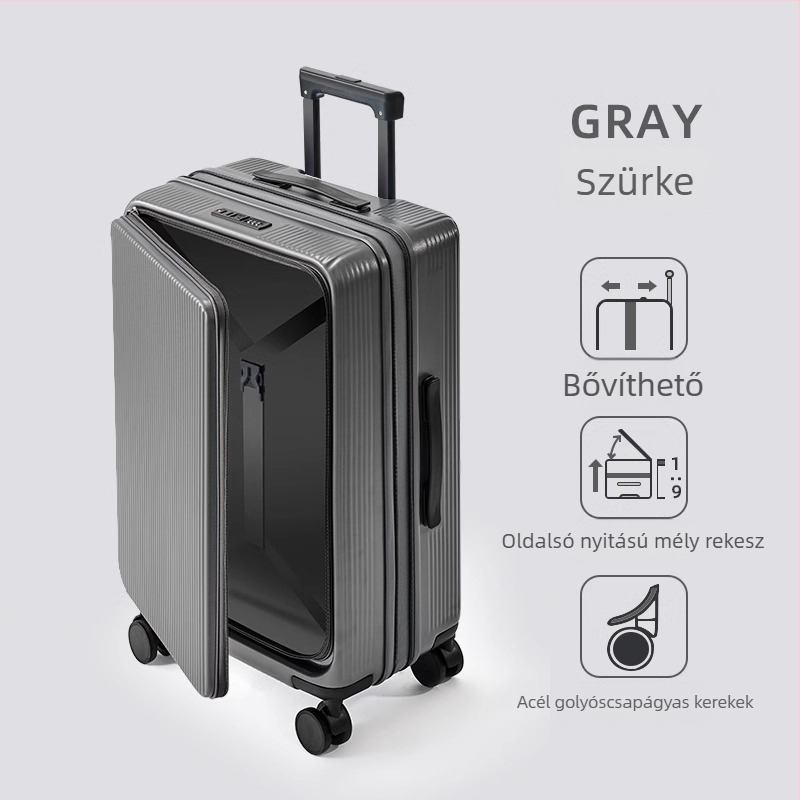 Oldalsó nyitású, bővíthető poggyász ABS+PC anyagból, vízálló, száraz–nedves elkülönítés, TSA kombinált zár