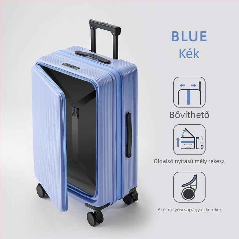 Oldalsó nyitású, bővíthető poggyász ABS+PC anyagból, vízálló, száraz–nedves elkülönítés, TSA kombinált zár