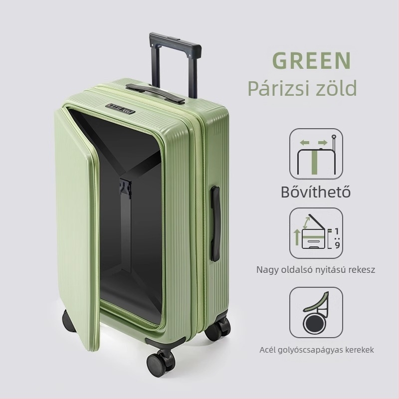 Oldalsó nyitású, bővíthető poggyász ABS+PC anyagból, vízálló, száraz–nedves elkülönítés, TSA kombinált zár