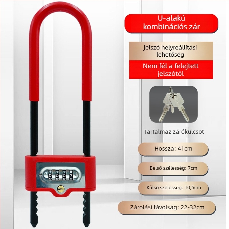 Digitális U- alakú zár üvegajtókhoz | Anyag: ötvözött acél; Modell: Password U-Shaped Lock; Típus: Digitális; Záró rúd vastagsága: 13; Záró rúd távolsága: 8