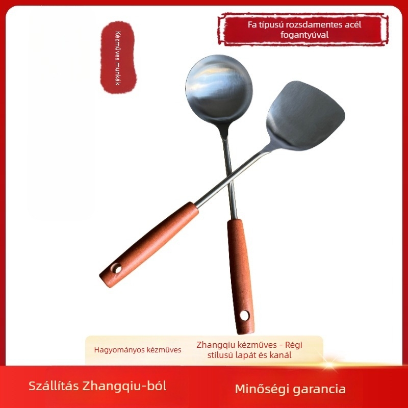Kanál és spatula készlet, rozsdamentes acél, fa nyél, csúszásmentes, hőálló, logó nyomtatás elérhető