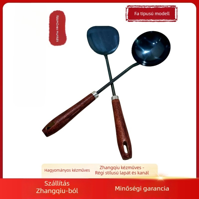 Kanál és spatula készlet, rozsdamentes acél, fa nyél, csúszásmentes, hőálló, logó nyomtatás elérhető