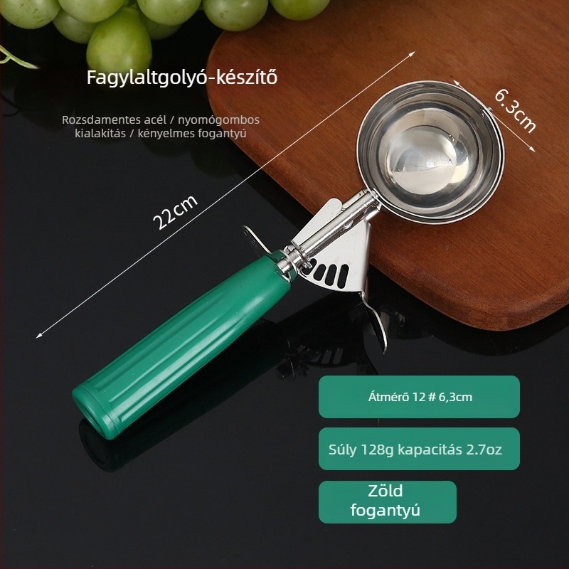 Fagylaltgömb formázó kanál, rozsdamentes acél, tükörfényes felület, modern minimalist stílus