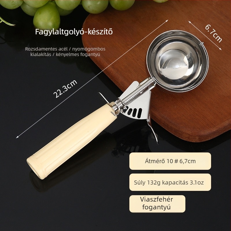 Fagylaltgömb formázó kanál, rozsdamentes acél, tükörfényes felület, modern minimalist stílus