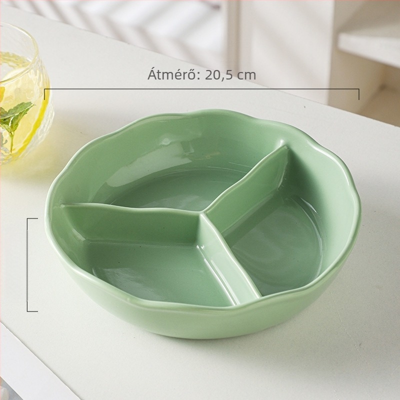 Háromrekeszes kerámiatál mélyített peremmel, kör alak, modern minimalista stílus, mikró nem használható