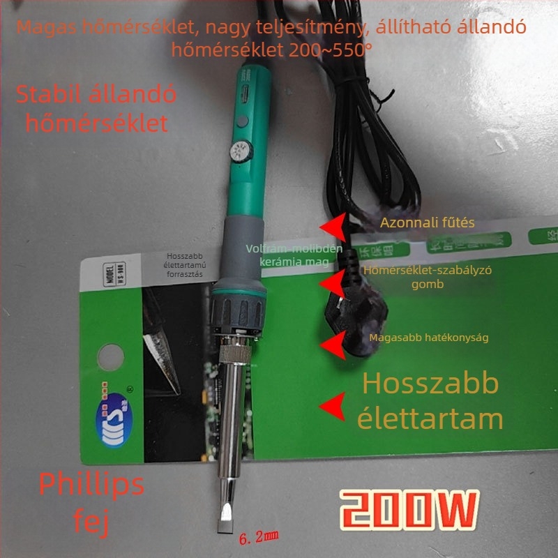 Állítható hőmérsékletű 200W-os forrasztópáka, 220V bemeneti feszültség, ipari osztályú gyors felmelegedés