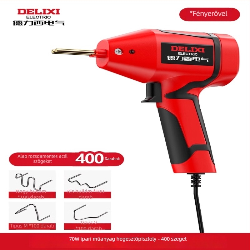 Elektromos műanyag-weldelő pisztoly autó lökhárító javítására és repedések eltüntetésére; kompatibil nylon, ABS, PP, PE stb.; 220V, 60Hz; elektromos felmelegedés; méretek 23,5×15,5 cm; tömeg 0,63 kg