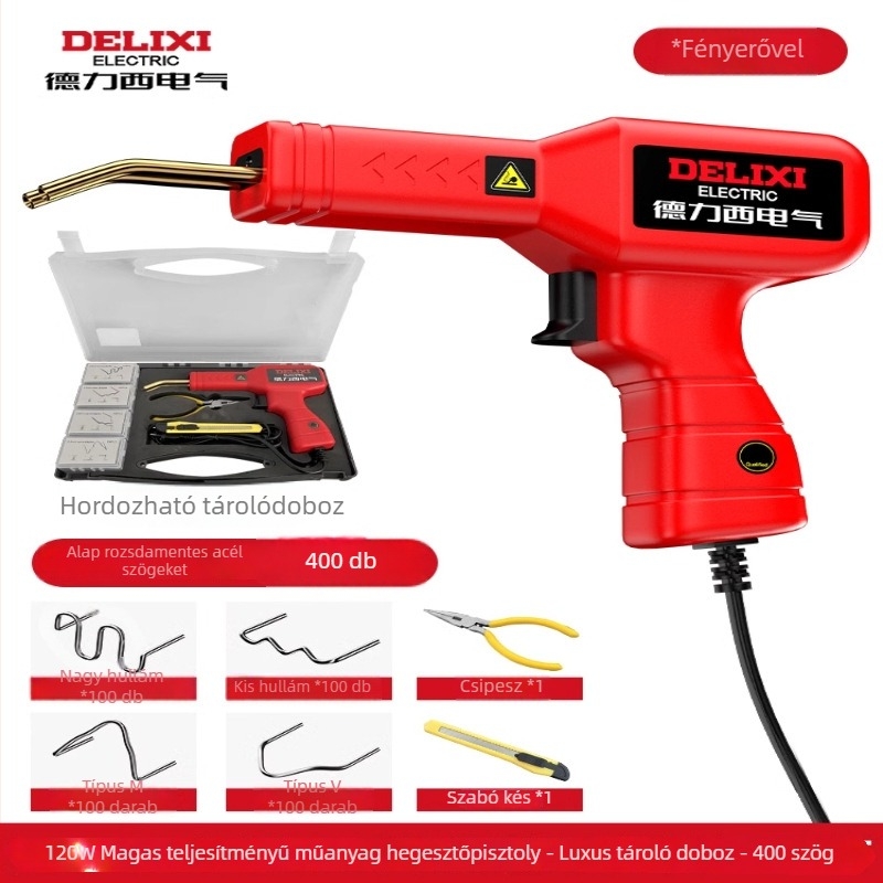 Elektromos műanyag-weldelő pisztoly autó lökhárító javítására és repedések eltüntetésére; kompatibil nylon, ABS, PP, PE stb.; 220V, 60Hz; elektromos felmelegedés; méretek 23,5×15,5 cm; tömeg 0,63 kg