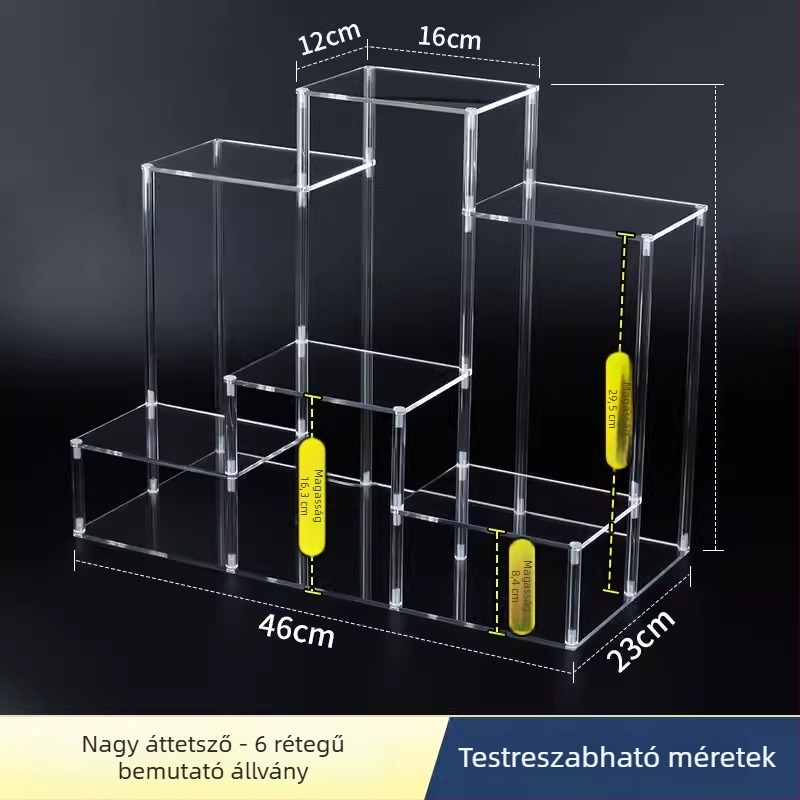 Háromszintes akril kiállító polc létrás stílusú, konzol típusú kialakítással