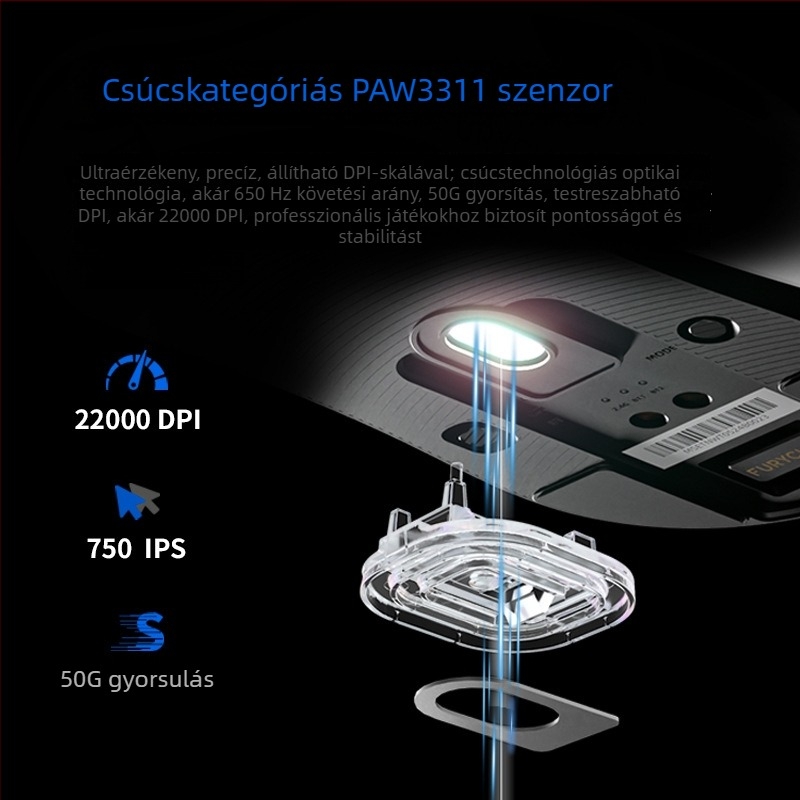 Furycube G9 Három üzemmódú vezeték nélküli Gaming egér PAW331 optikai érzékelővel, 6 gomb, DPI 12000-ig, USB-kábel 1,5 m, 2,4 GHz vezeték nélküli kapcsolat