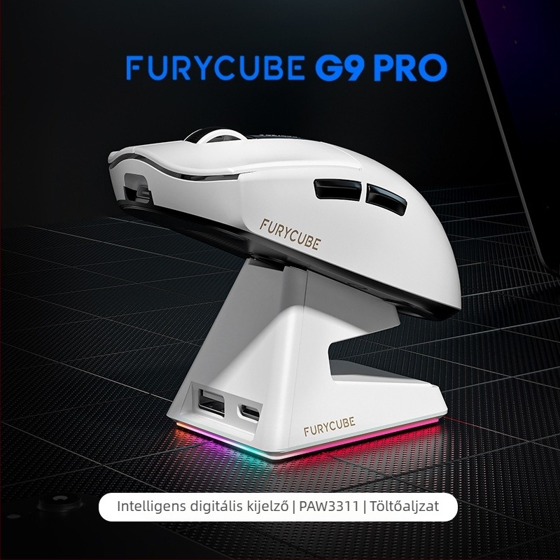 Furycube G9 Három üzemmódú vezeték nélküli Gaming egér PAW331 optikai érzékelővel, 6 gomb, DPI 12000-ig, USB-kábel 1,5 m, 2,4 GHz vezeték nélküli kapcsolat