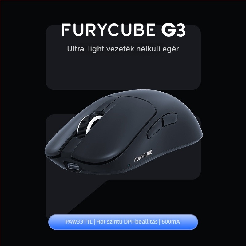 Furycube G9 Három üzemmódú vezeték nélküli Gaming egér PAW331 optikai érzékelővel, 6 gomb, DPI 12000-ig, USB-kábel 1,5 m, 2,4 GHz vezeték nélküli kapcsolat