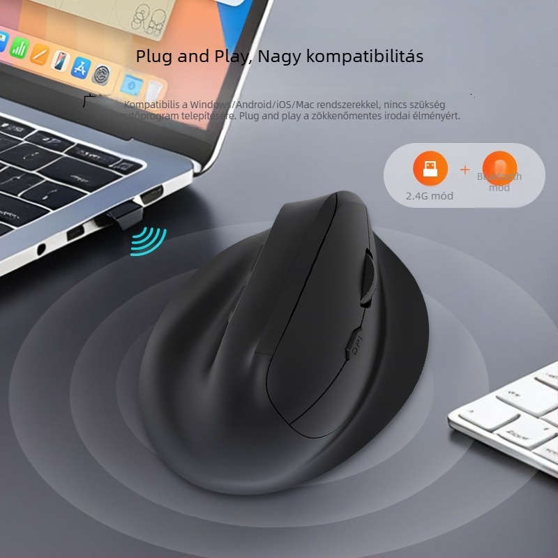 Ergonomikus függőleges Bluetooth egér, újratölthető, kettős üzemmód, csendes vezeték nélküli egér otthoni és játékhoz