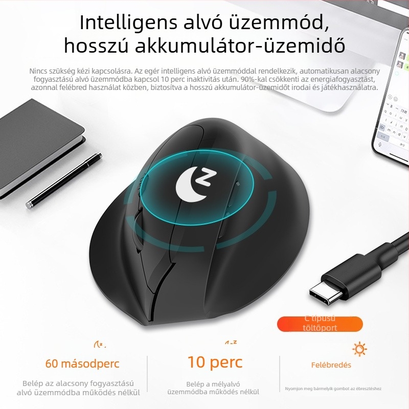 Ergonomikus függőleges Bluetooth egér, újratölthető, kettős üzemmód, csendes vezeték nélküli egér otthoni és játékhoz