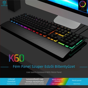 GK60 vezetékes billentyűzet, 104 gombbal, fémtest, RGB háttérvilágítás, X-Frame technológia tenyértámasz kiegészítéssel, 1,5 m kábel