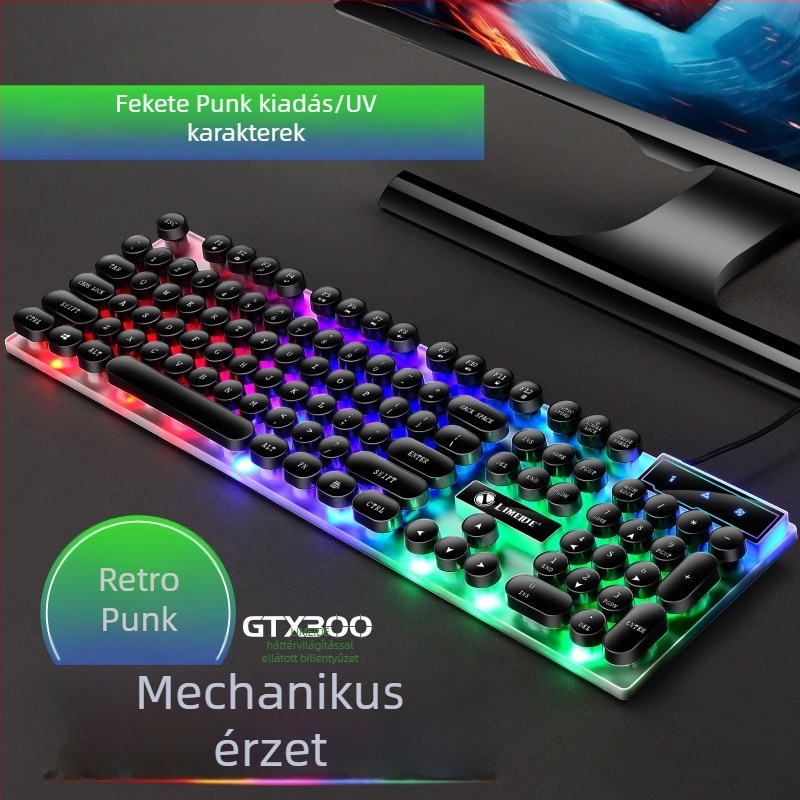 GTX300 billentyűzet- és egérkészlet, 104 gombos, vezetékes membrán billentyűzettel, csuklótámasz és többszínű háttérvilágítás