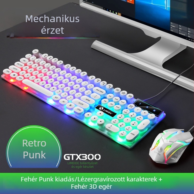 GTX300 billentyűzet- és egérkészlet, 104 gombos, vezetékes membrán billentyűzettel, csuklótámasz és többszínű háttérvilágítás
