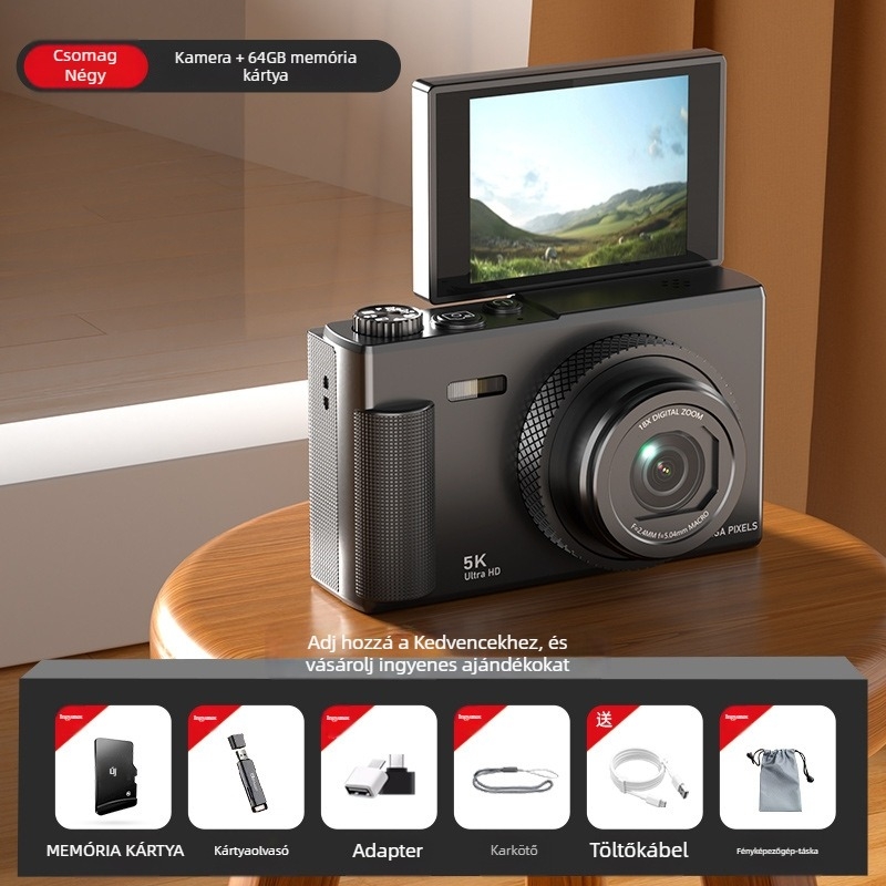 5K retro stílusú tükrör nélküli digitális kamera forgatható kijelzővel, CCD 1/3.2in érzékelő, 24 MP, 16x optikai zoom