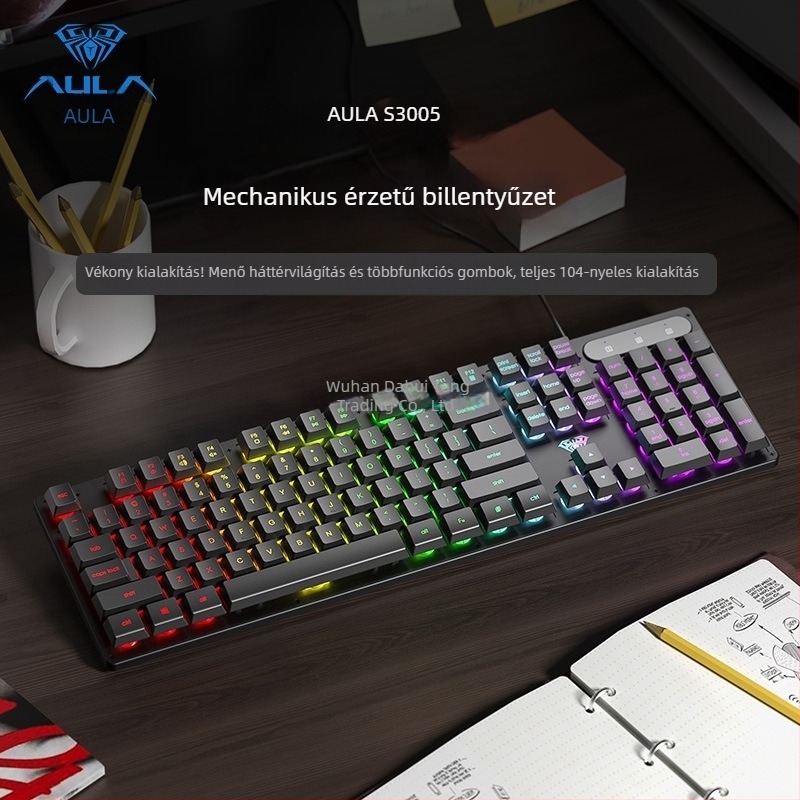 AULA Wolf Spider S3005 vezetékes irodai halk billentyűzet, 104 gomb, USB csatlakozás, numerikus blokk, kevert háttérvilágítás