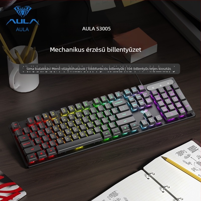 AULA Wolf Spider S3005 vezetékes irodai halk billentyűzet, 104 gomb, USB csatlakozás, numerikus blokk, kevert háttérvilágítás