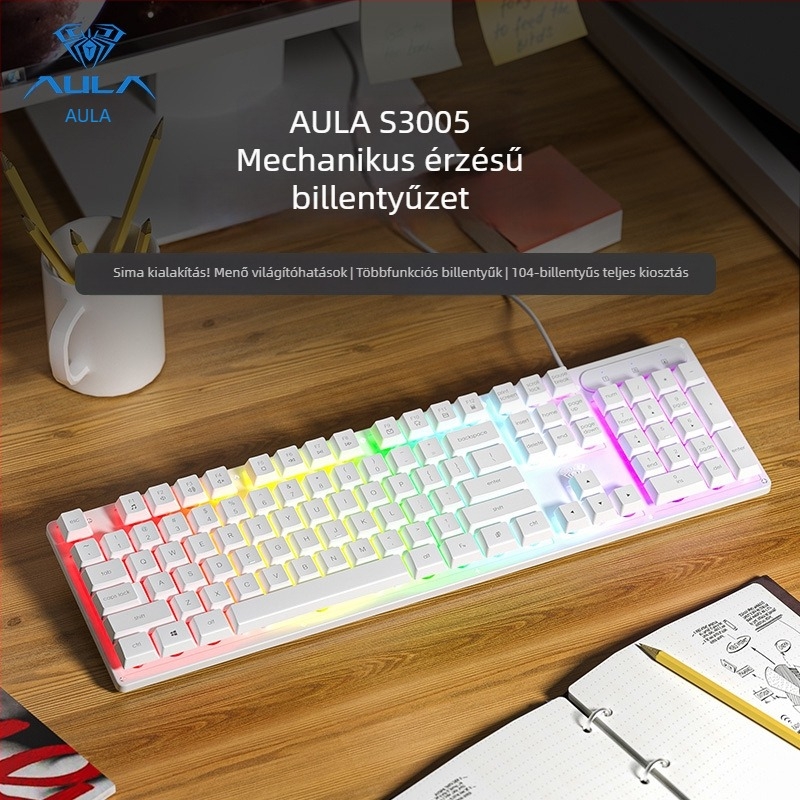 AULA Wolf Spider S3005 vezetékes irodai halk billentyűzet, 104 gomb, USB csatlakozás, numerikus blokk, kevert háttérvilágítás