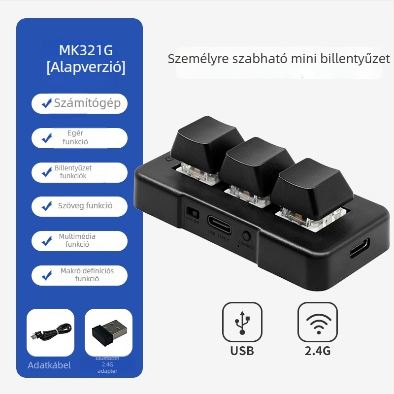 3 gombos mini Bluetooth mechanikus billentyűzet RGB háttérvilágítással, zöld tengellyel és három üzemmóddal