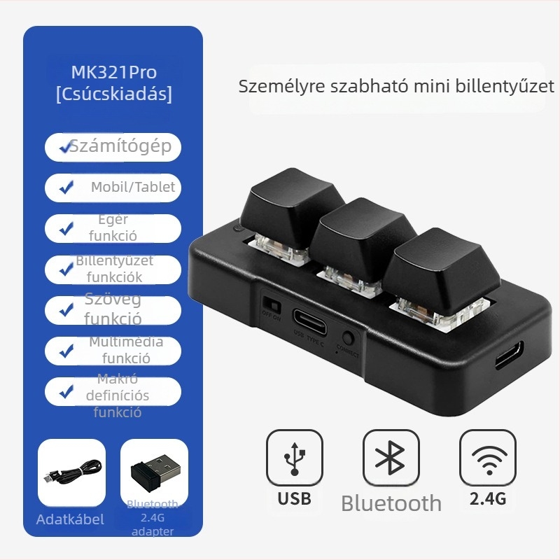 3 gombos mini Bluetooth mechanikus billentyűzet RGB háttérvilágítással, zöld tengellyel és három üzemmóddal