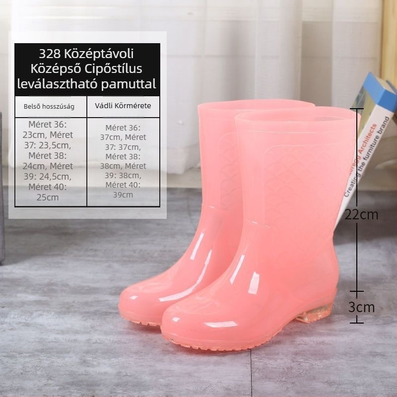 Női középmagasságú esőcsizmák műanyag felsőrésszel, vízálló, bolyhos bélés és kristályos talppal