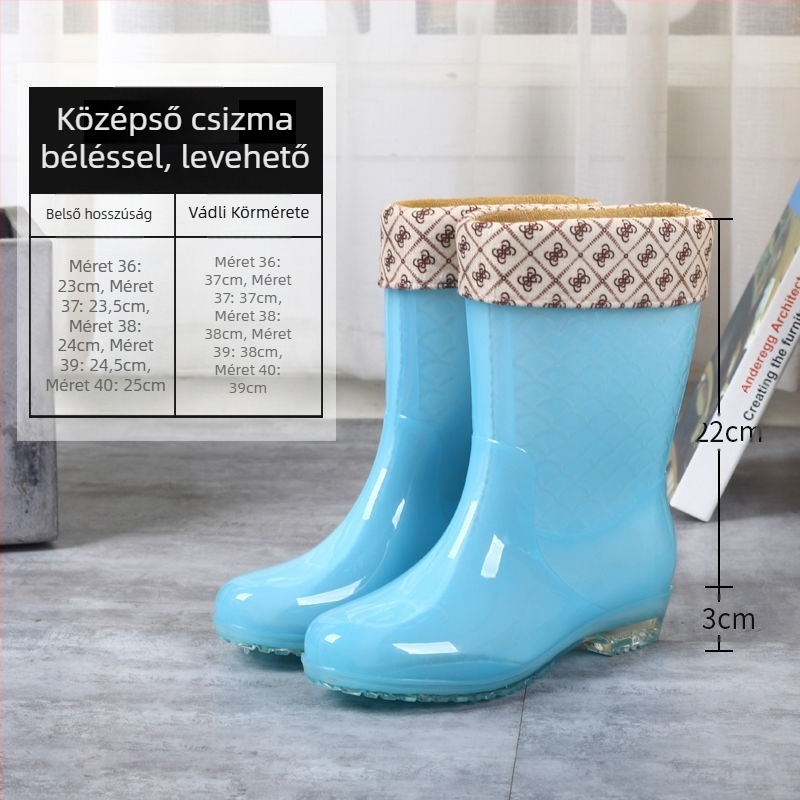 Női középmagasságú esőcsizmák műanyag felsőrésszel, vízálló, bolyhos bélés és kristályos talppal
