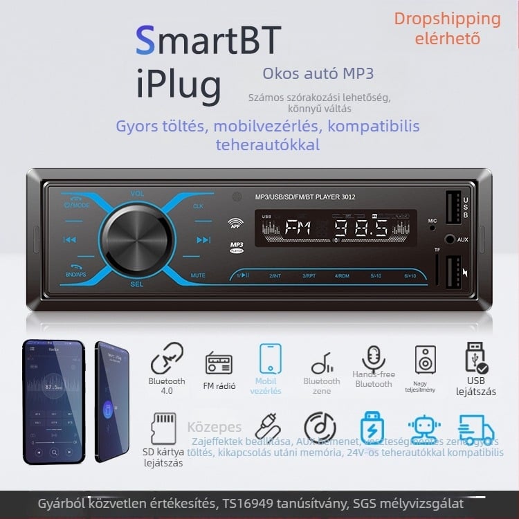 Semaitu autós MP3 lejátszó Bluetooth, USB/SD olvasó, modell 520, ABS ház, 12V/24V tápellátás