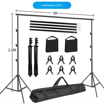 Háttérkeret termékfotózáshoz – fém- vagy vascső váz; súly 3 kg+; tartozékok: állvány, csipeszek és táska