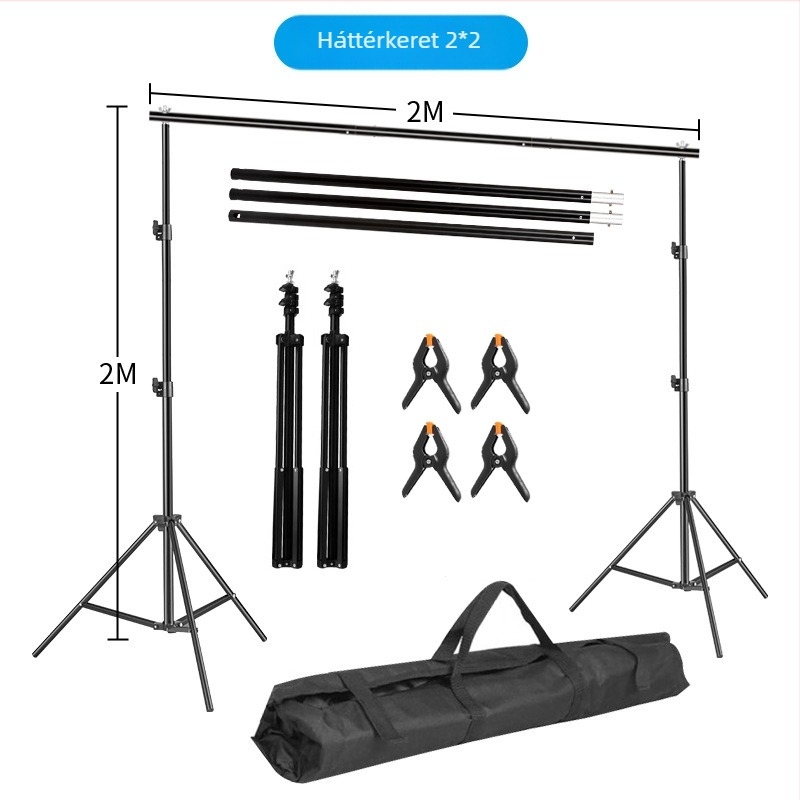 Háttérkeret termékfotózáshoz – fém- vagy vascső váz; súly 3 kg+; tartozékok: állvány, csipeszek és táska