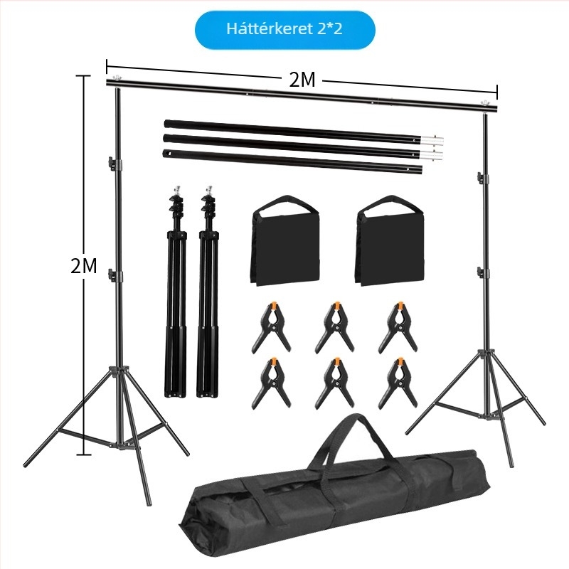 Háttérkeret termékfotózáshoz – fém- vagy vascső váz; súly 3 kg+; tartozékok: állvány, csipeszek és táska