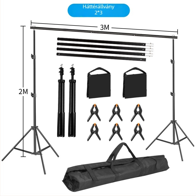 Háttérkeret termékfotózáshoz – fém- vagy vascső váz; súly 3 kg+; tartozékok: állvány, csipeszek és táska
