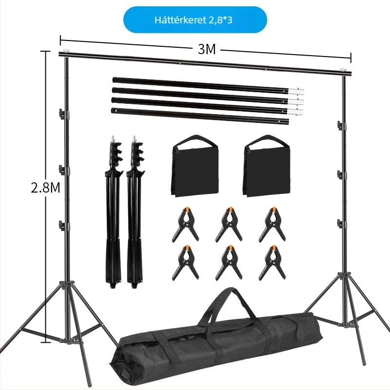 Háttérkeret termékfotózáshoz – fém- vagy vascső váz; súly 3 kg+; tartozékok: állvány, csipeszek és táska