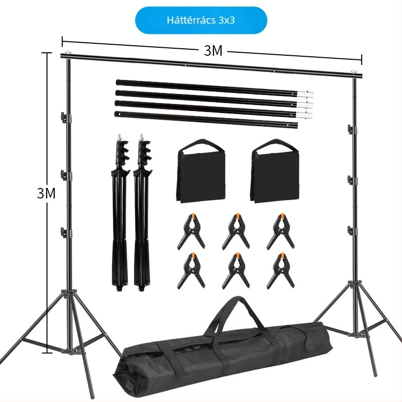 Háttérkeret termékfotózáshoz – fém- vagy vascső váz; súly 3 kg+; tartozékok: állvány, csipeszek és táska